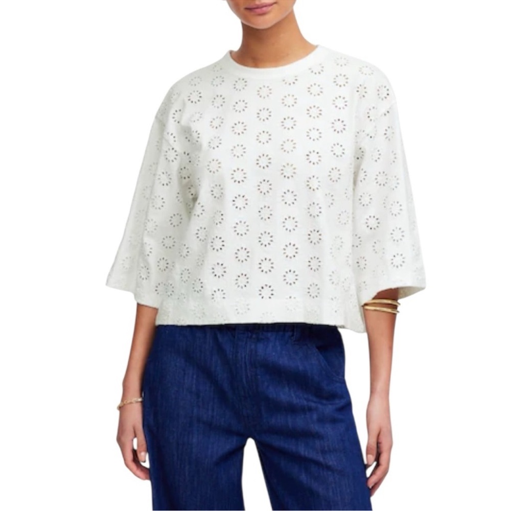 Madewell Embroidered Wide-Sleeve Boxy Tee in White